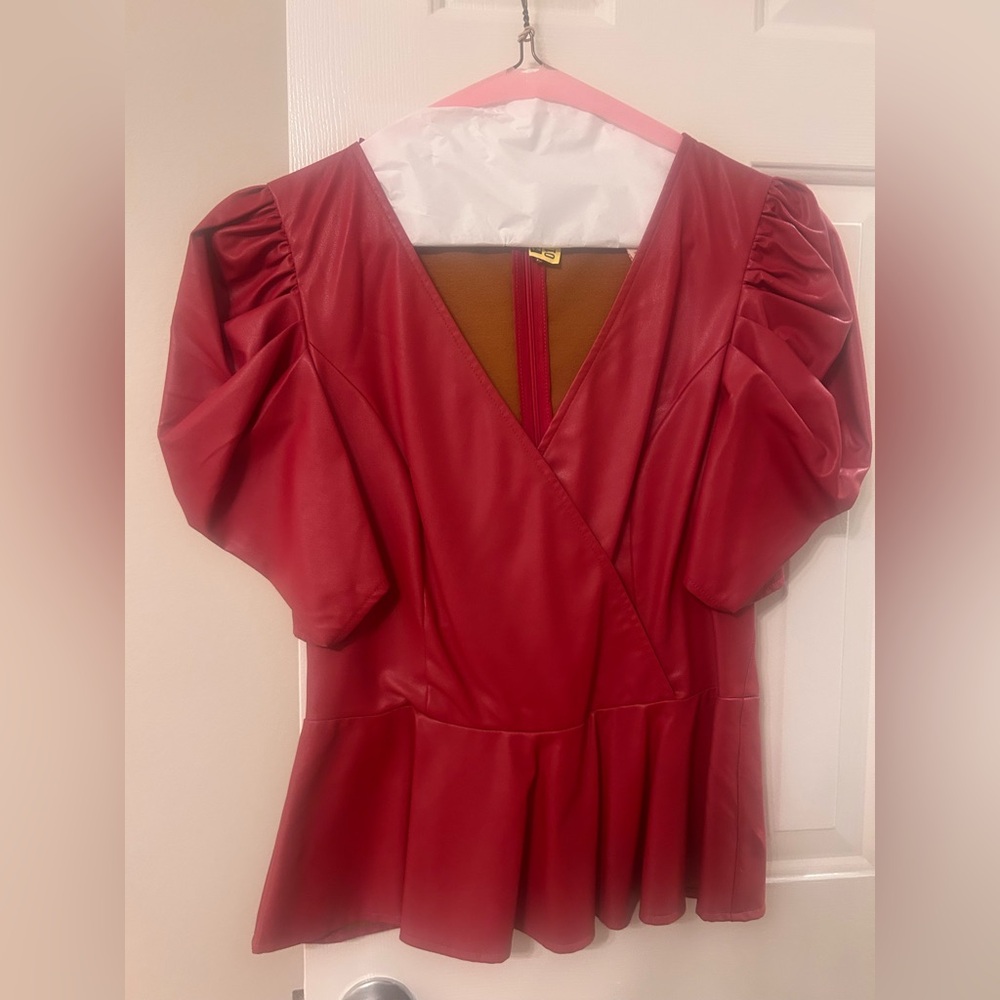 Pleather peplum top with puff sleeves